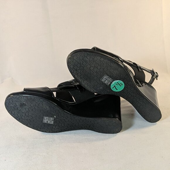 Calvin Klein BETHAN Black Strap Logo Heels 7.5 Black Wedge Patent 34E09131 Sling - Picture 8 of 12